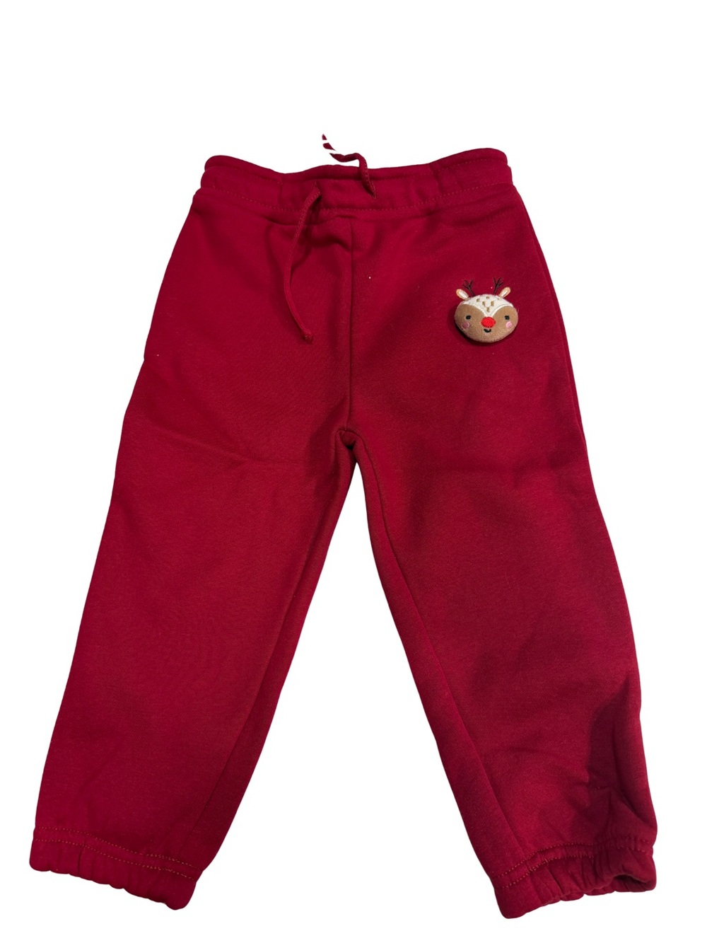 Kids Red Jogger Sweatpants with Reindeer Patch